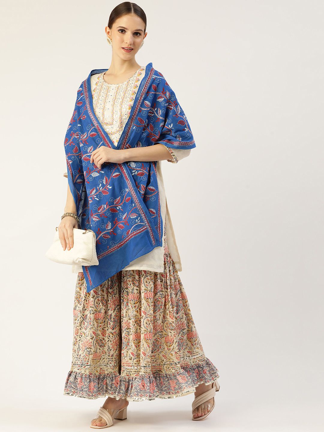 ArtEastri Women Blue & Red Embroidered Pure Cotton Stole Price in India