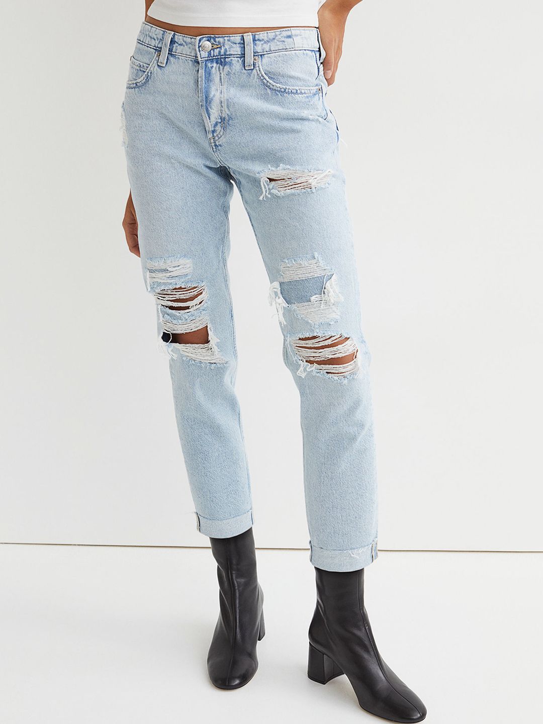 H&M Women Blue Ripped Boyfriend Low Regular Jeans Price in India