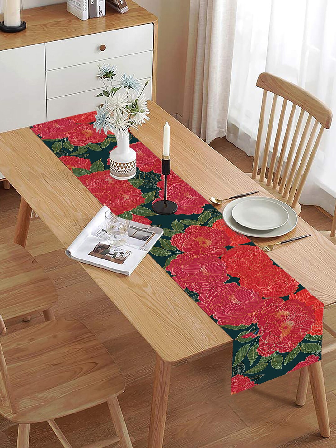 homewards Red & Green Floral Printed Rectangular Table Runners Price in India