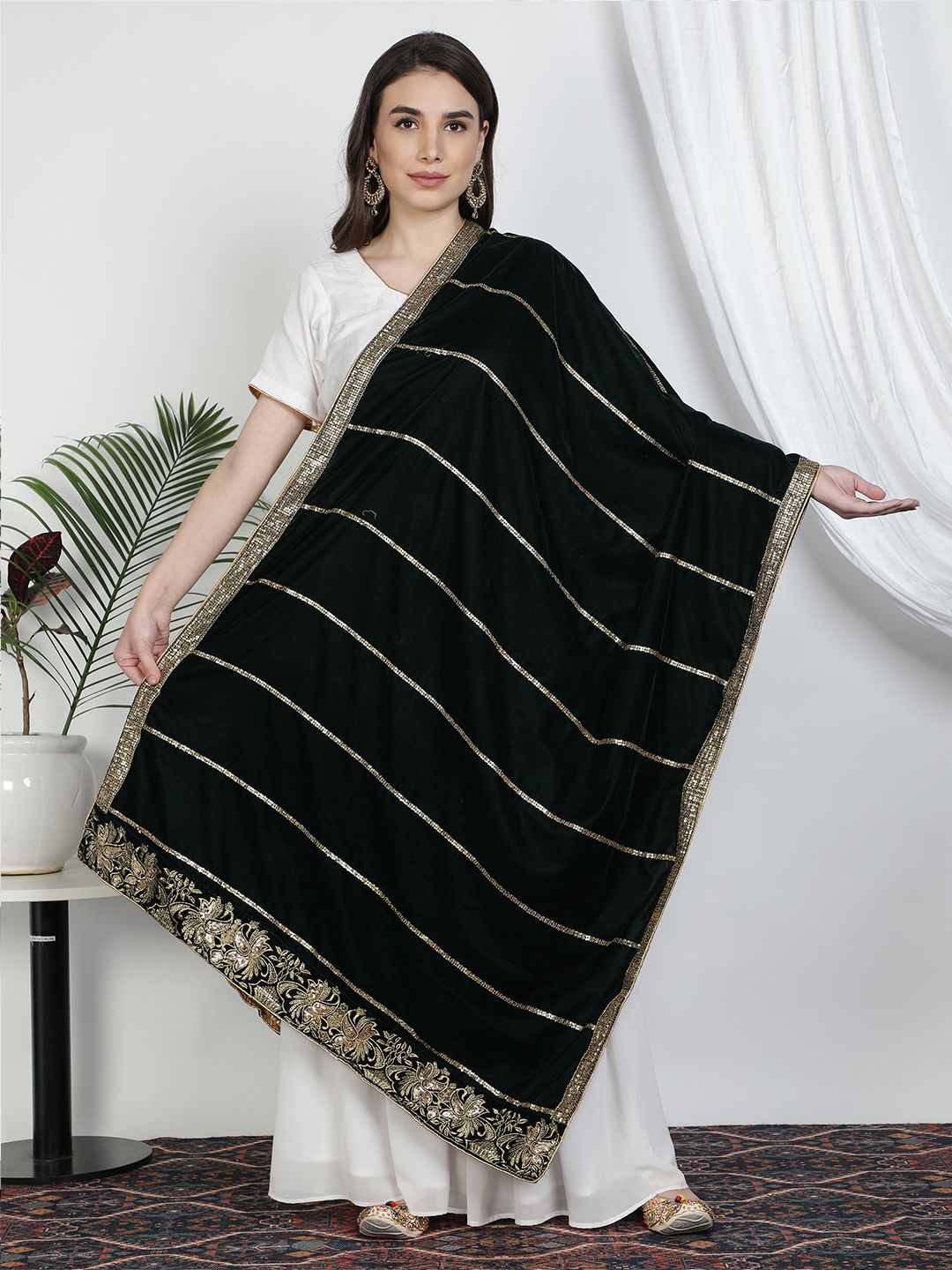 Moda Chales Green & Gold-Toned Ethnic Motifs Embroidered Velvet Dupatta with Sequinned Price in India