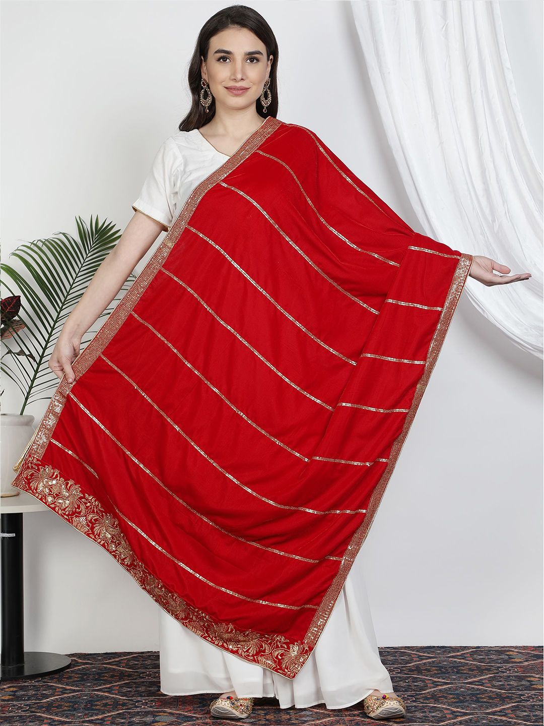 Moda Chales Red & Gold-Toned Ethnic Motifs Embroidered Velvet Dupatta with Sequinned Price in India