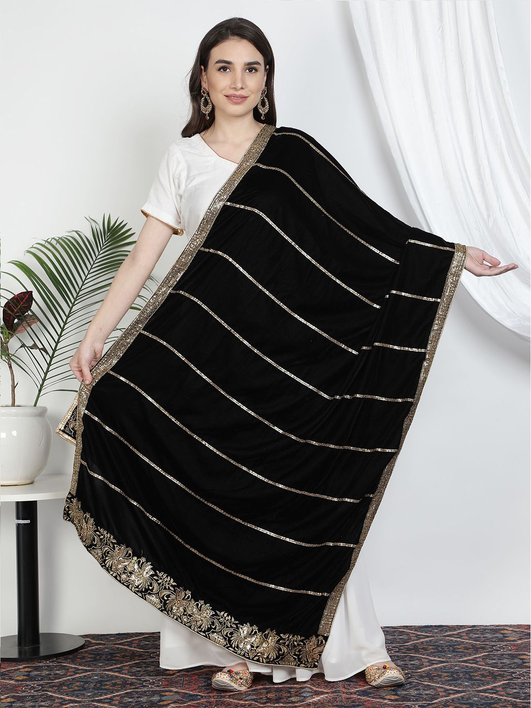 Moda Chales Black & Gold-Toned Ethnic Motifs Embroidered Velvet Dupatta with Sequinned Price in India