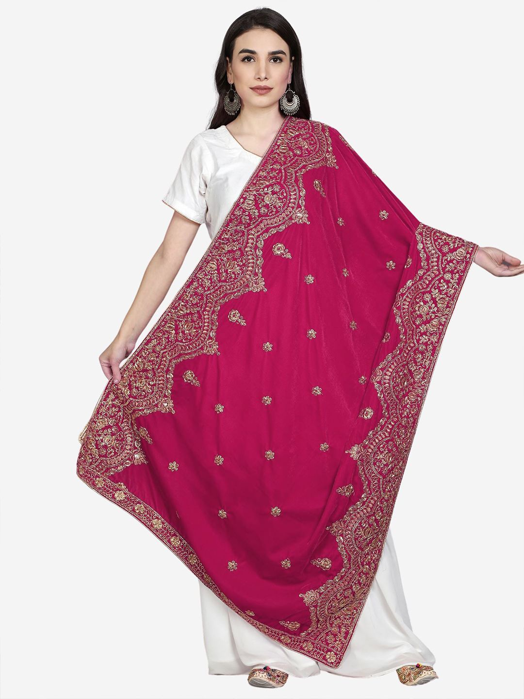 Moda Chales Magenta & Gold-Toned Embroidered Velvet Dupatta Price in India