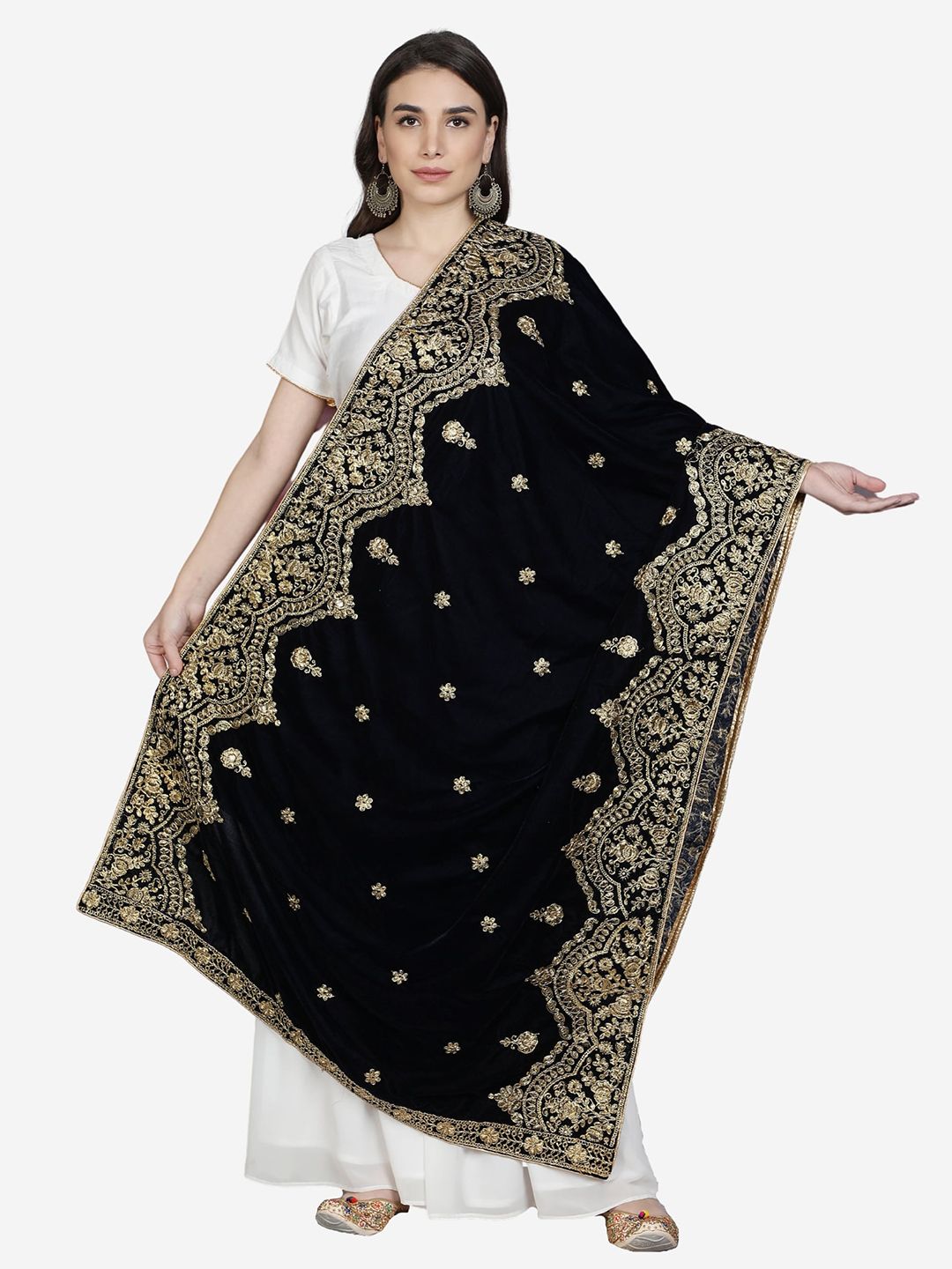 Moda Chales Blue & Gold-Toned Embroidered Velvet Dupatta Price in India