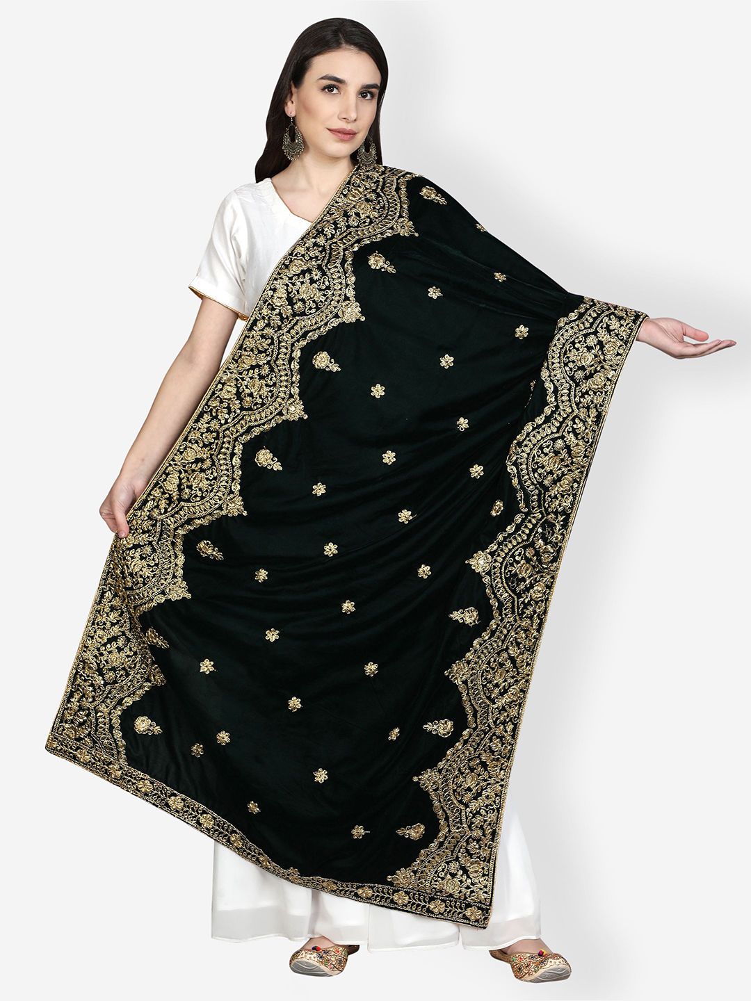 Moda Chales Green & Gold-Toned Embroidered Velvet Dupatta Price in India