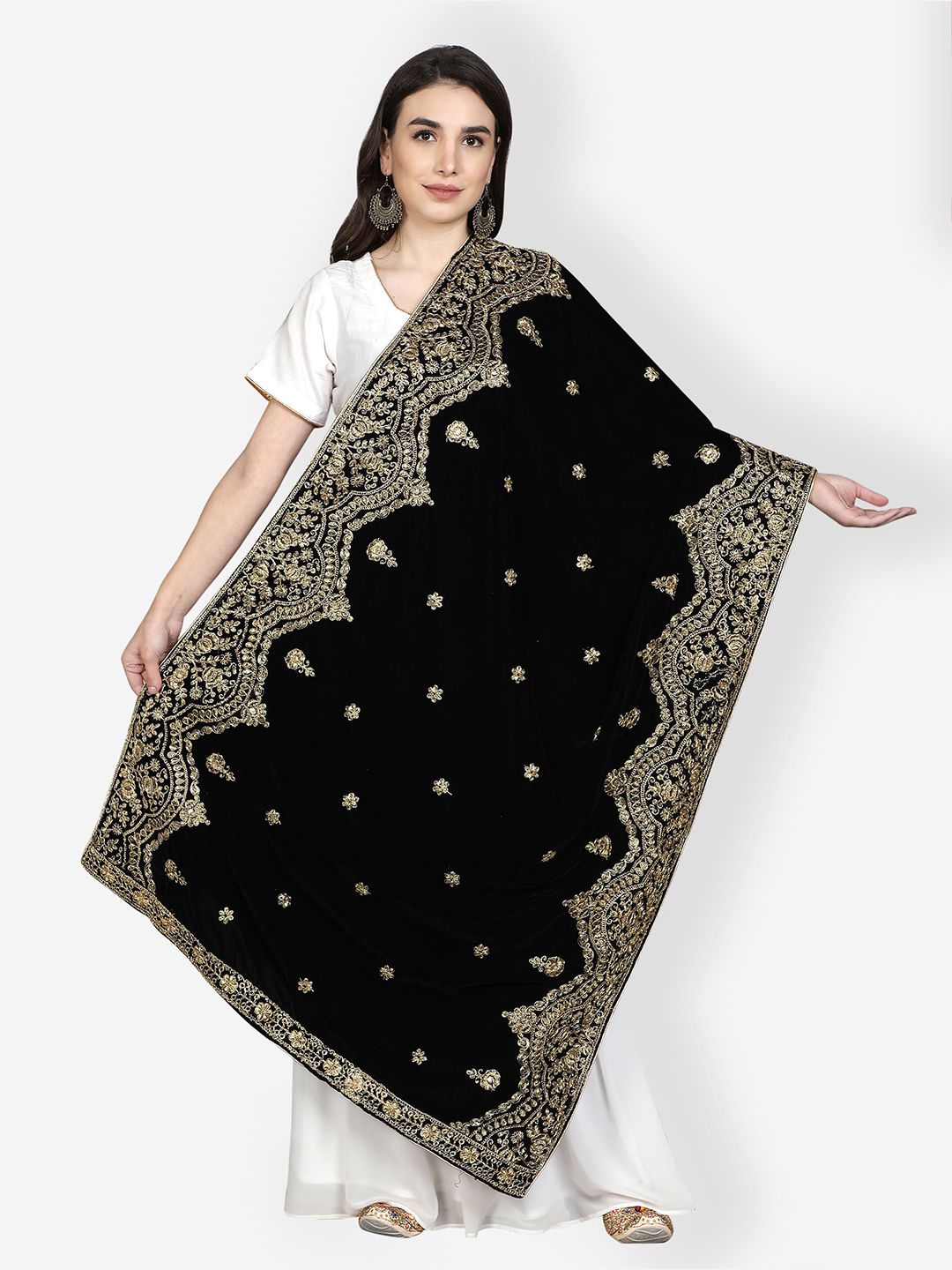 Moda Chales Black & Gold-Toned Embroidered Velvet Dupatta Price in India