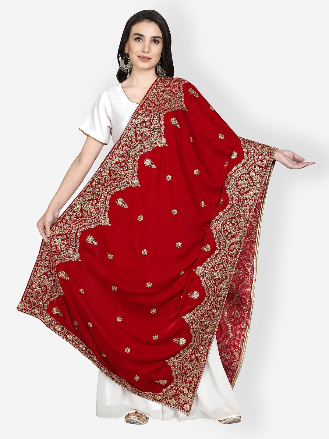 Moda Chales Maroon & Gold-Toned Embroidered Velvet Dupatta Price in India