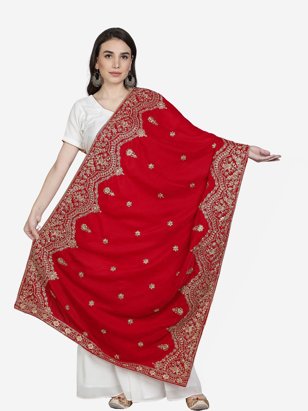 Moda Chales Red & Gold-Toned Embroidered Velvet Dupatta Price in India