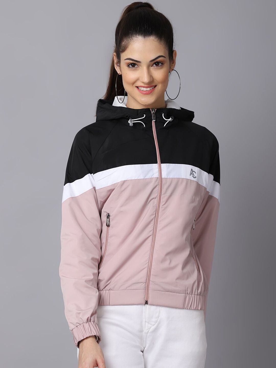 ANTI CULTURE Women Pink Colourblocked Windcheater Crop Outdoor Sporty Jacket Price in India