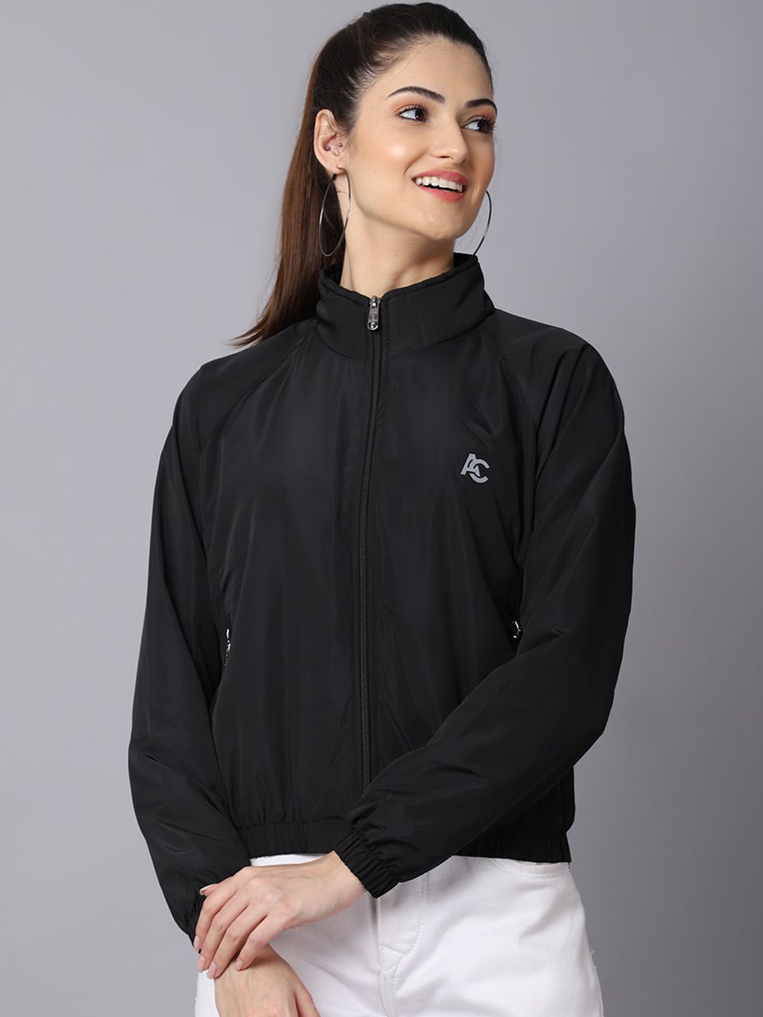 ANTI CULTURE Women Black raisin black Colourblocked Windcheater Crop Outdoor Sporty Jacket with Embroidered Price in India