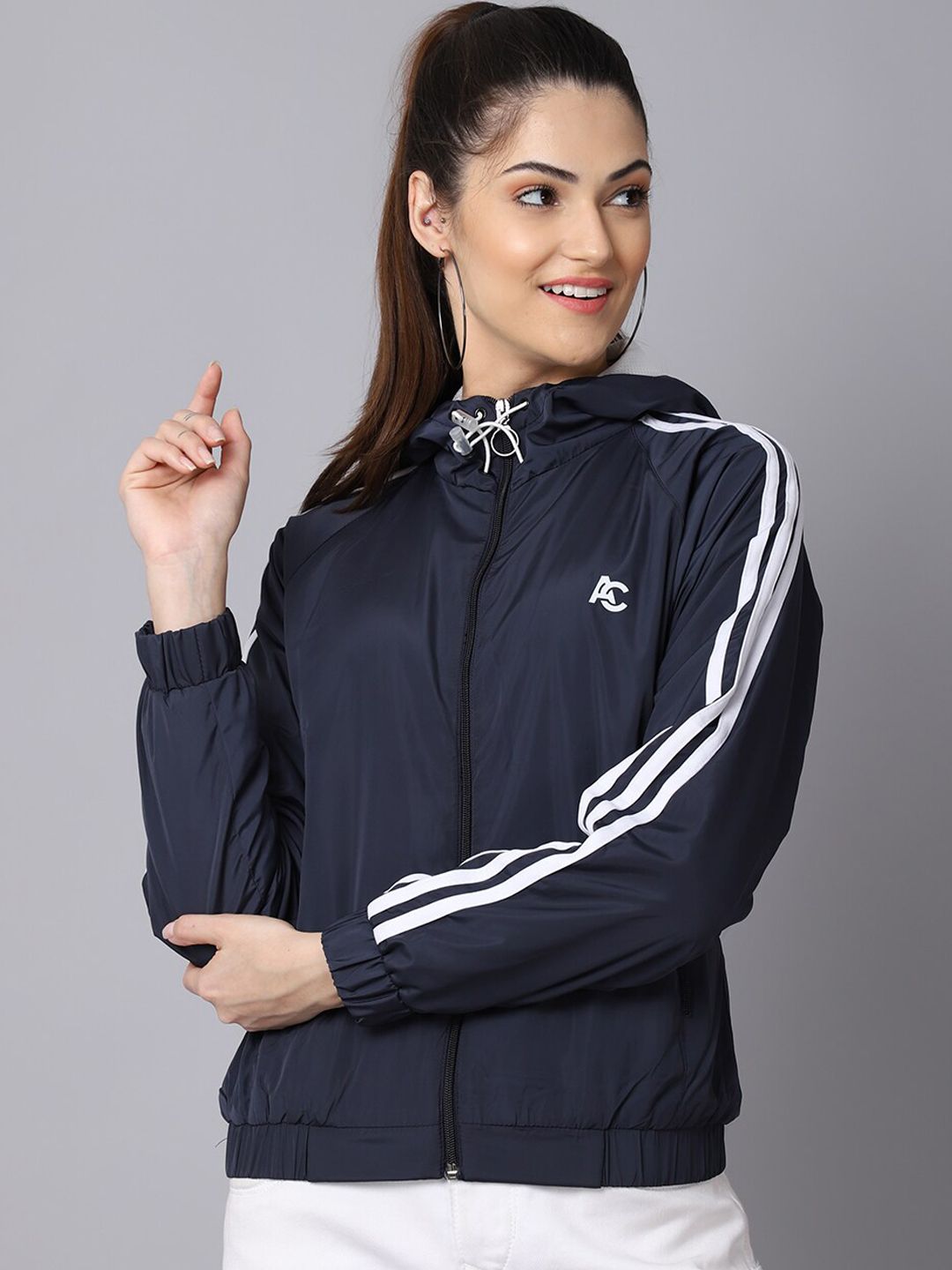 ANTI CULTURE Women Navy Blue Windcheater Outdoor Sporty Jacket with Patchwork Price in India