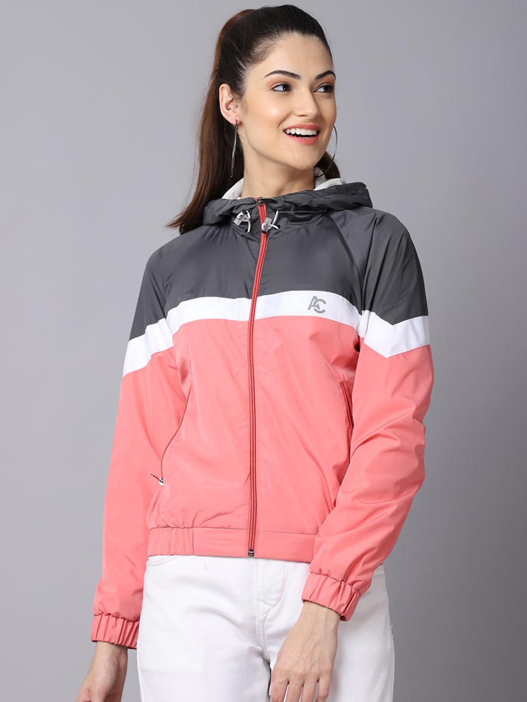 ANTI CULTURE Women Peach-Coloured flamingo pink Colourblocked Windcheater Crop Outdoor Sporty Jacket with Price in India