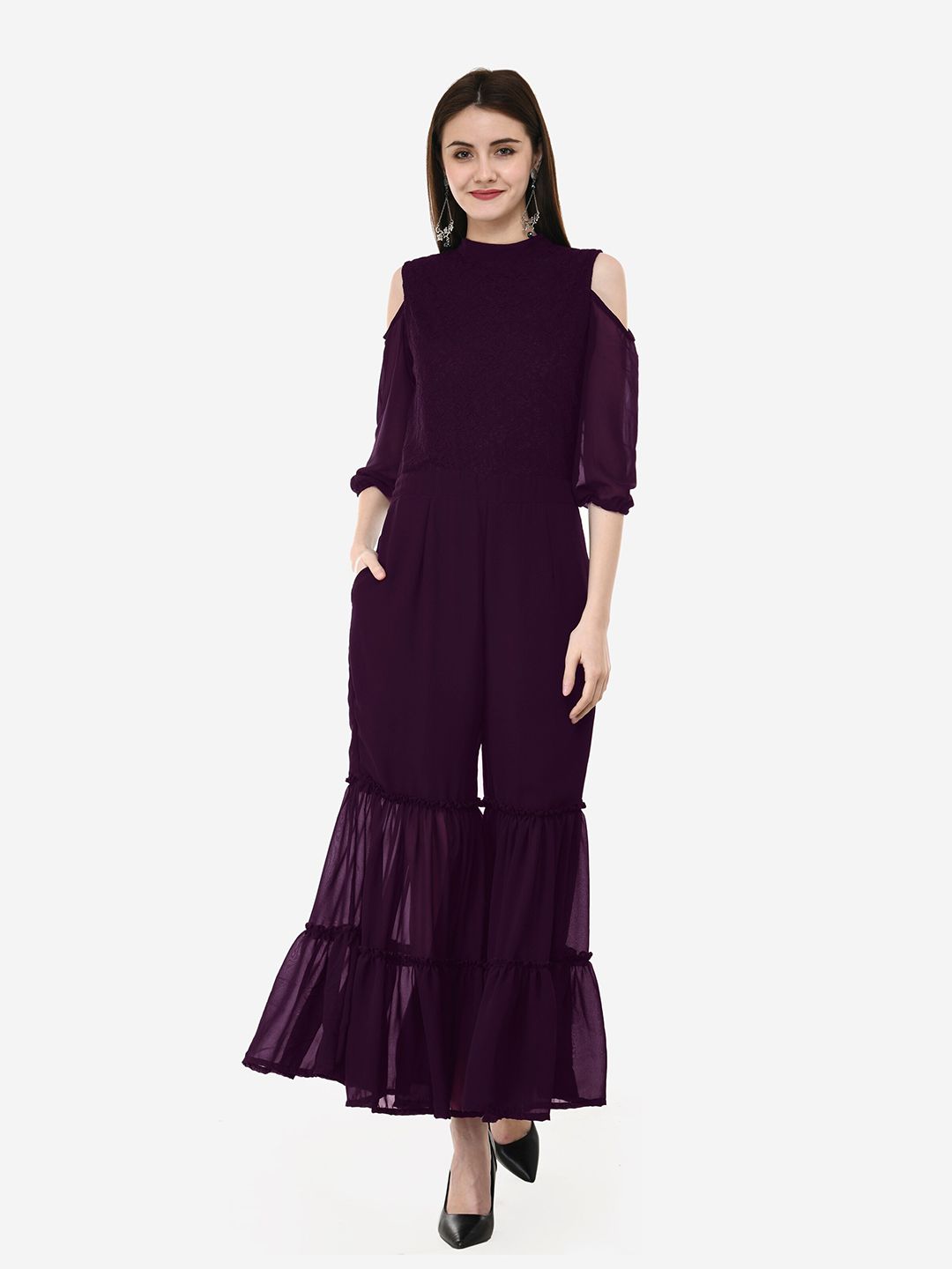 V&M Purple Basic Jumpsuit with Ruffles Price in India