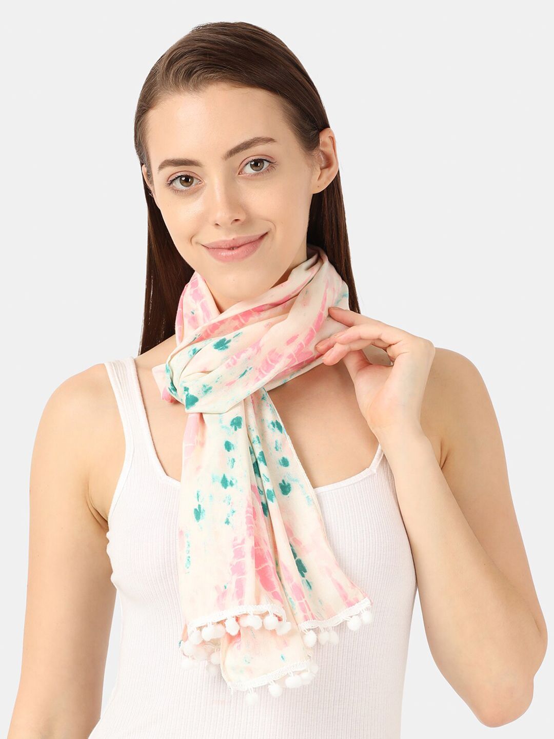 Llak Jeans Women Cream-Coloured & Pink Printed Stole Price in India