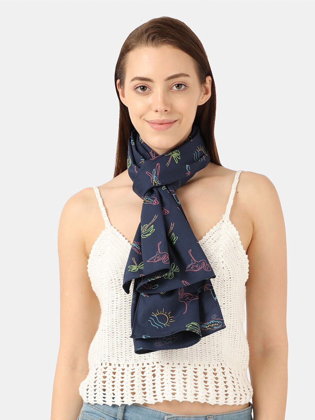 Llak Jeans Women Navy Blue & Green Printed Stole Price in India