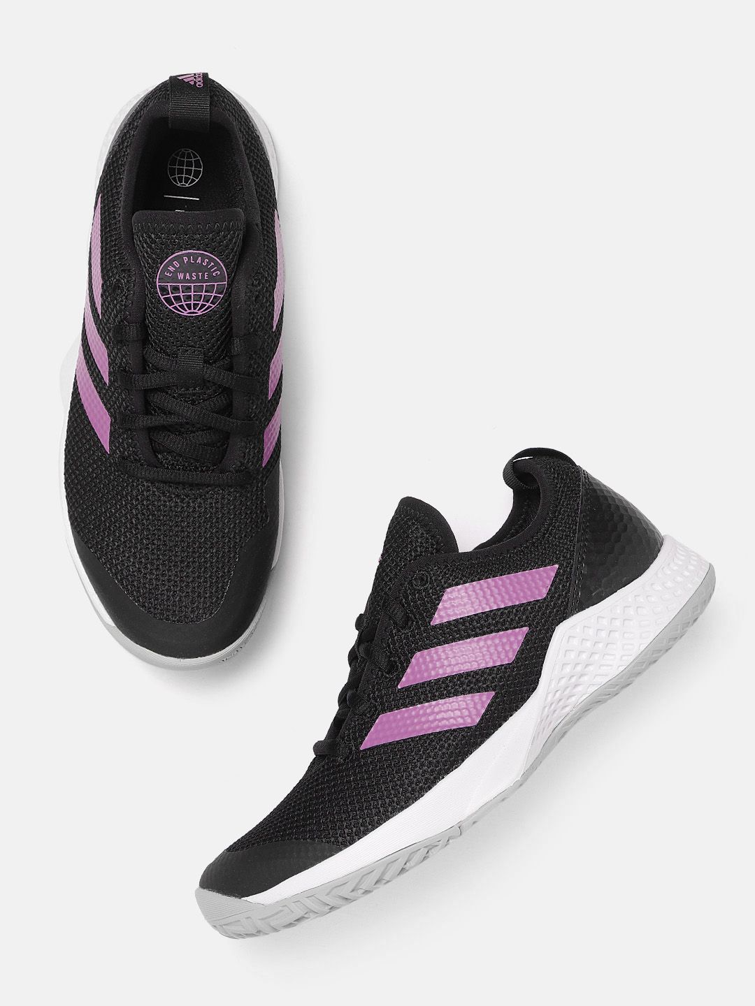 ADIDAS Women Black & Purple Woven Design Court Control Tennis Shoes Price in India