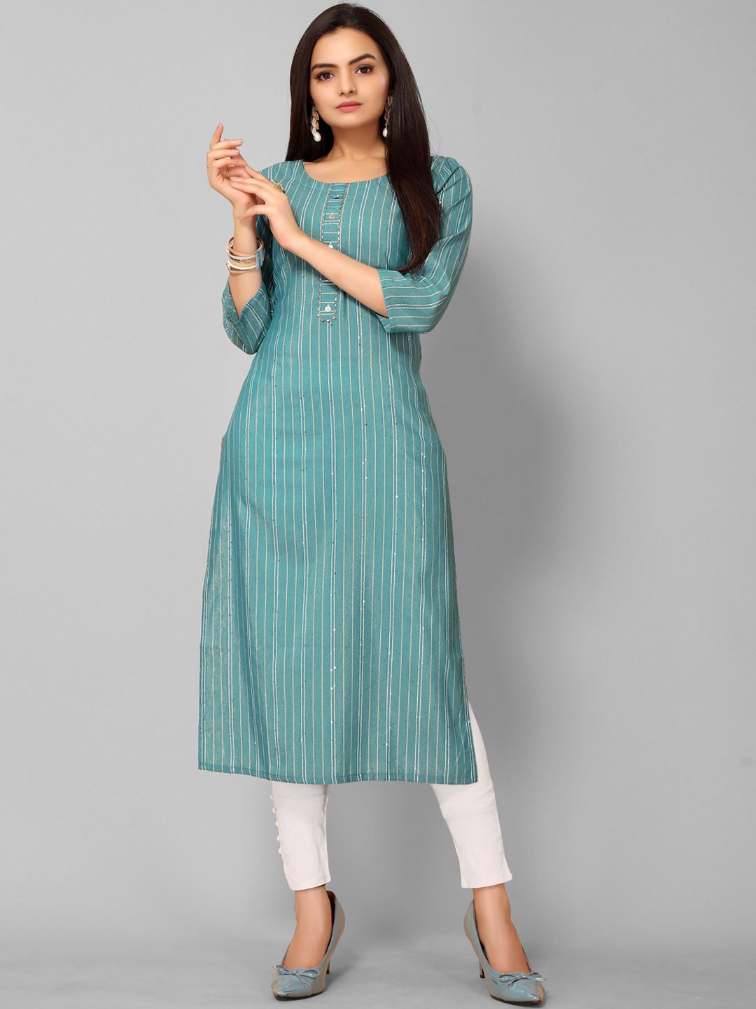 KALINI Women Sea Green Striped Flared Sleeves Indie Prints Kurta Price in India
