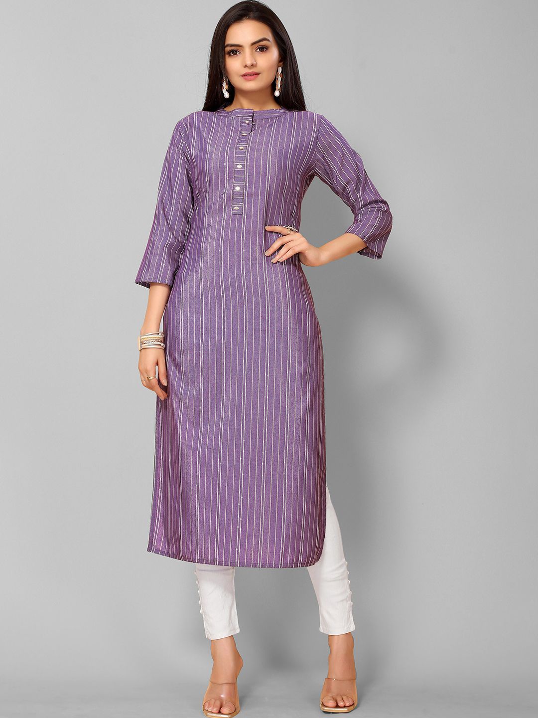 KALINI Women Mauve Striped Flared Sleeves Indie Prints Kurta Price in India