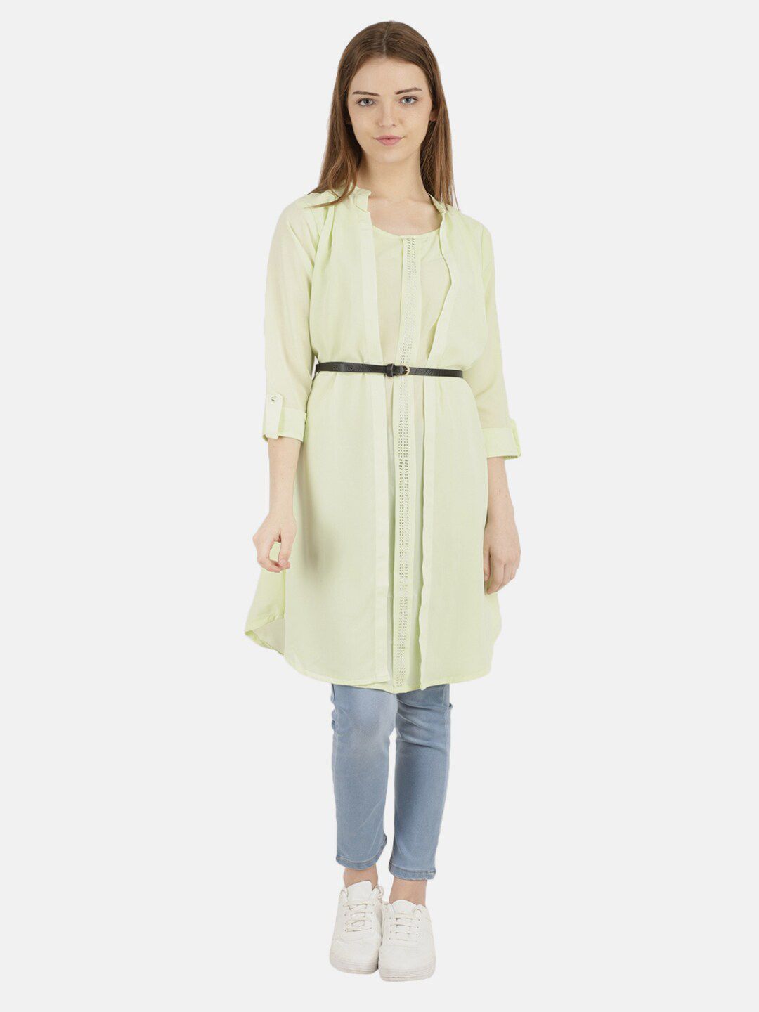 V-Mart Women Pastel Green Solid Georgette Belted Detail Layered Kurta Price in India