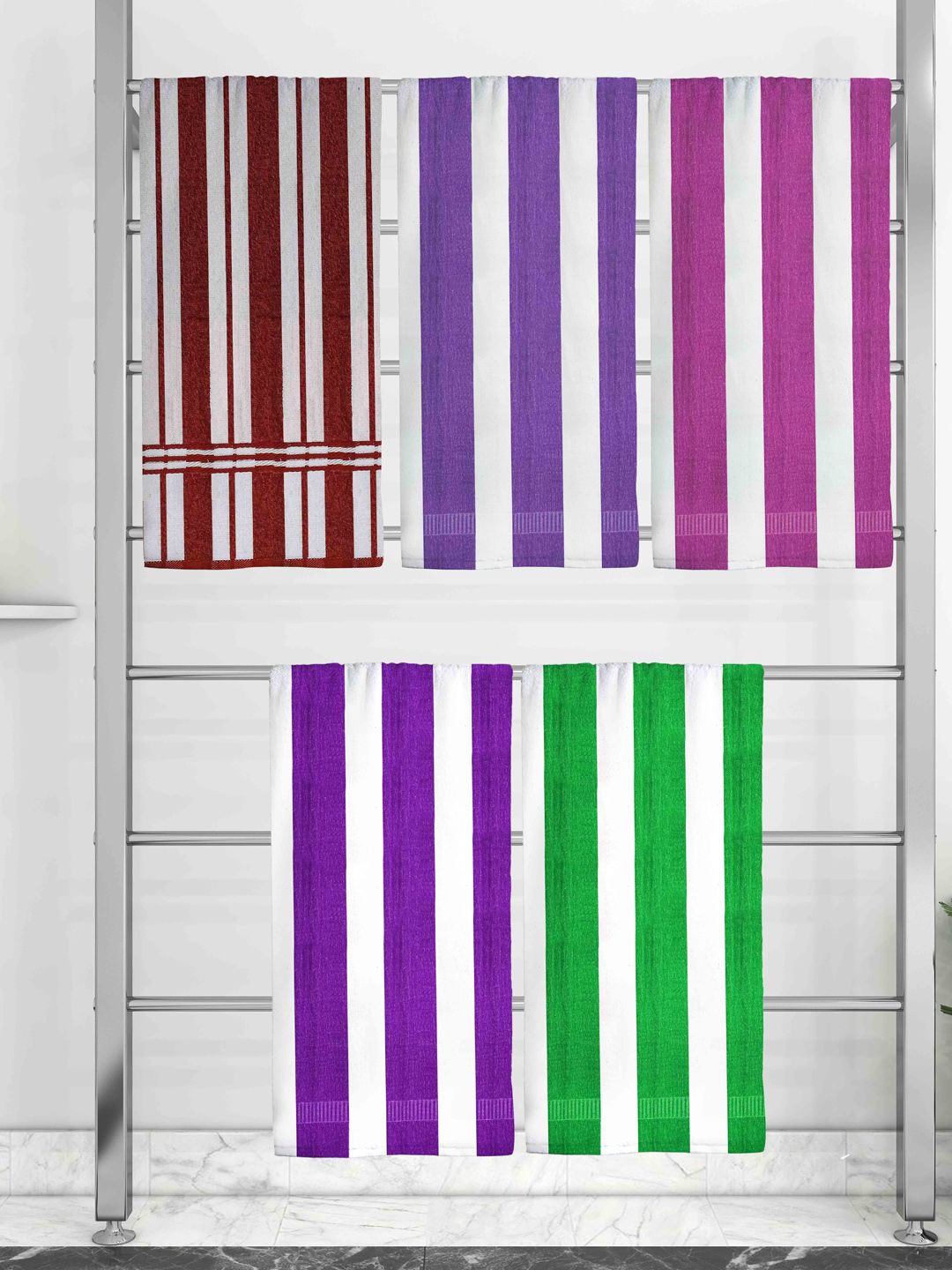 Athom Trendz Set Of 5 Striped 210 GSM Cotton Bath Towels Price in India