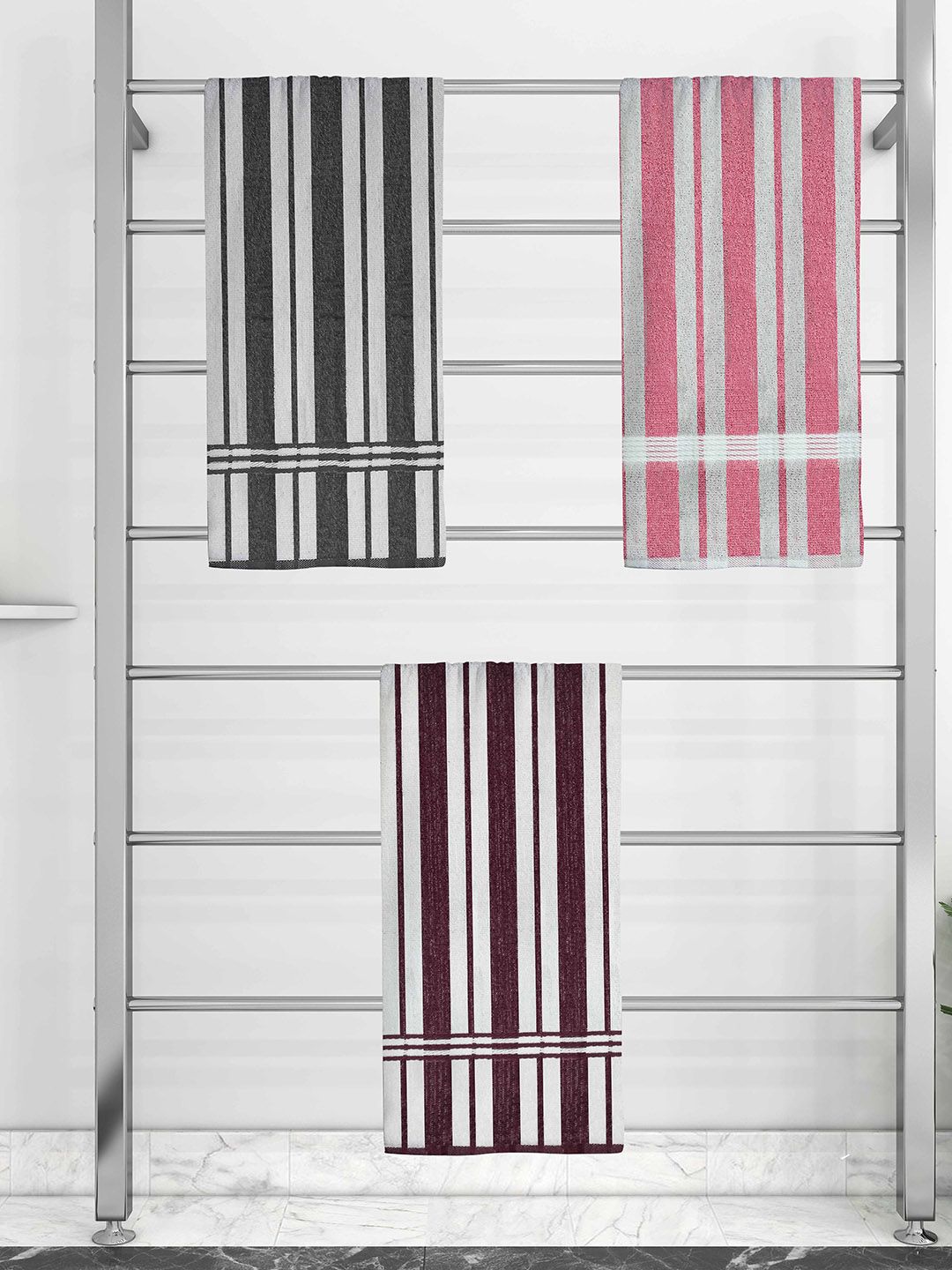 Athom Trendz Set Of 3 Striped 210 GSM Cotton Bath Towels Price in India