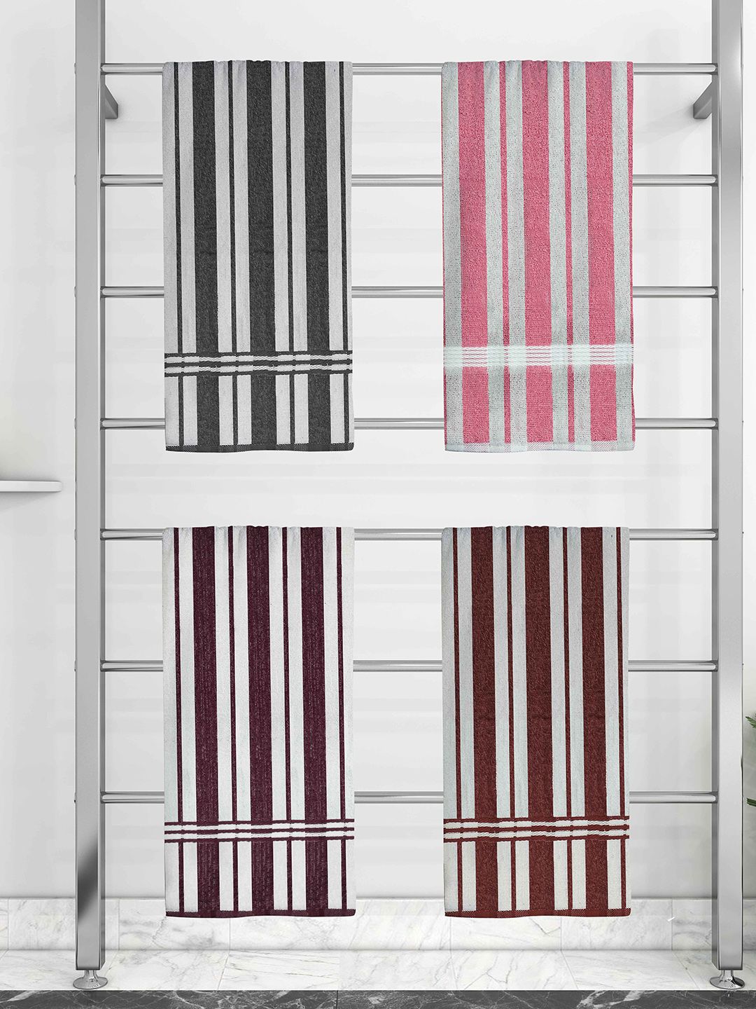 Athom Trendz Set Of 4 Striped 210 GSM Pure Cotton Bath Towels Price in India