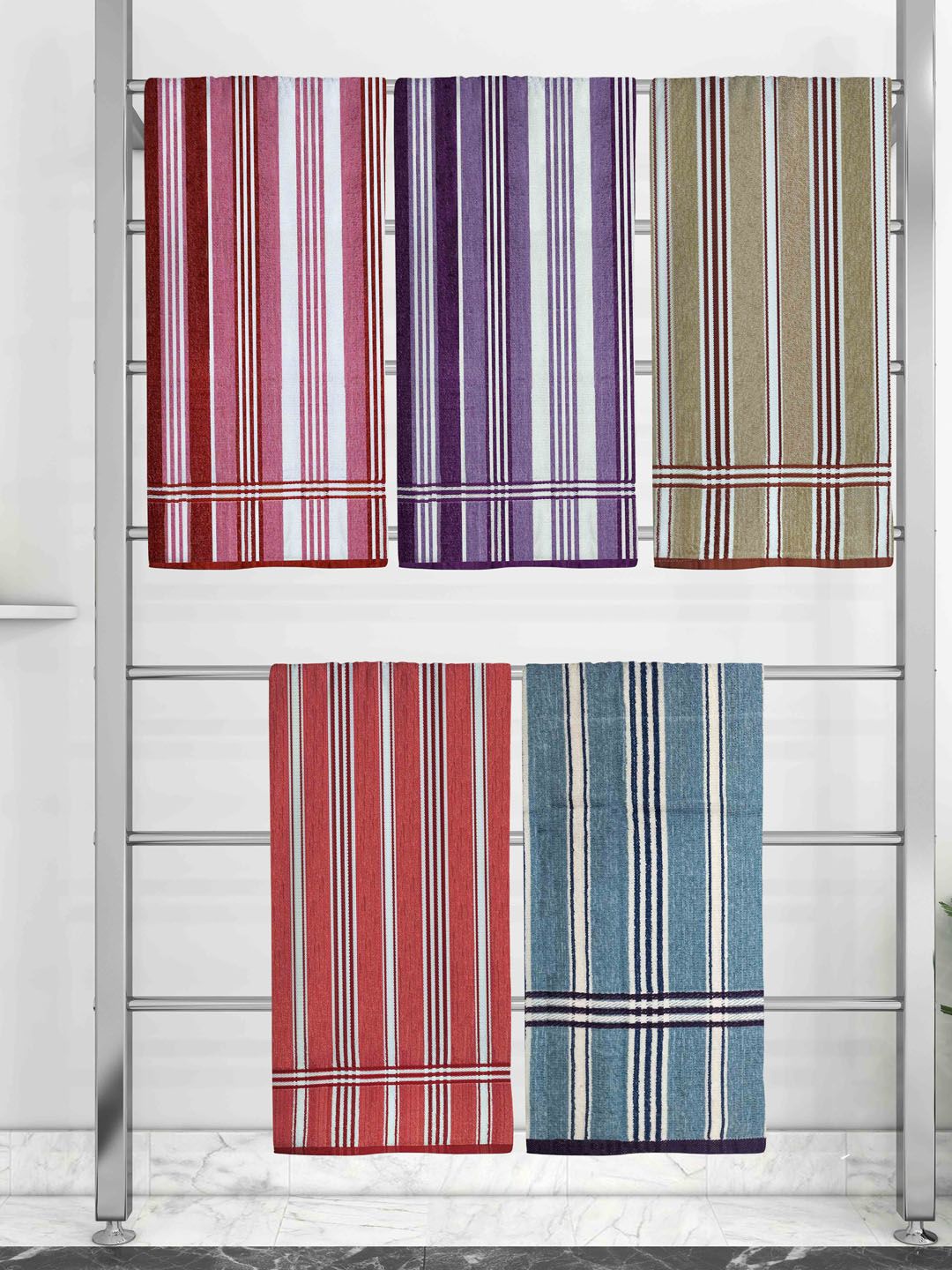 Athom Trendz Set Of 5 Striped 210 GSM Pure Cotton Bath Towels Price in India