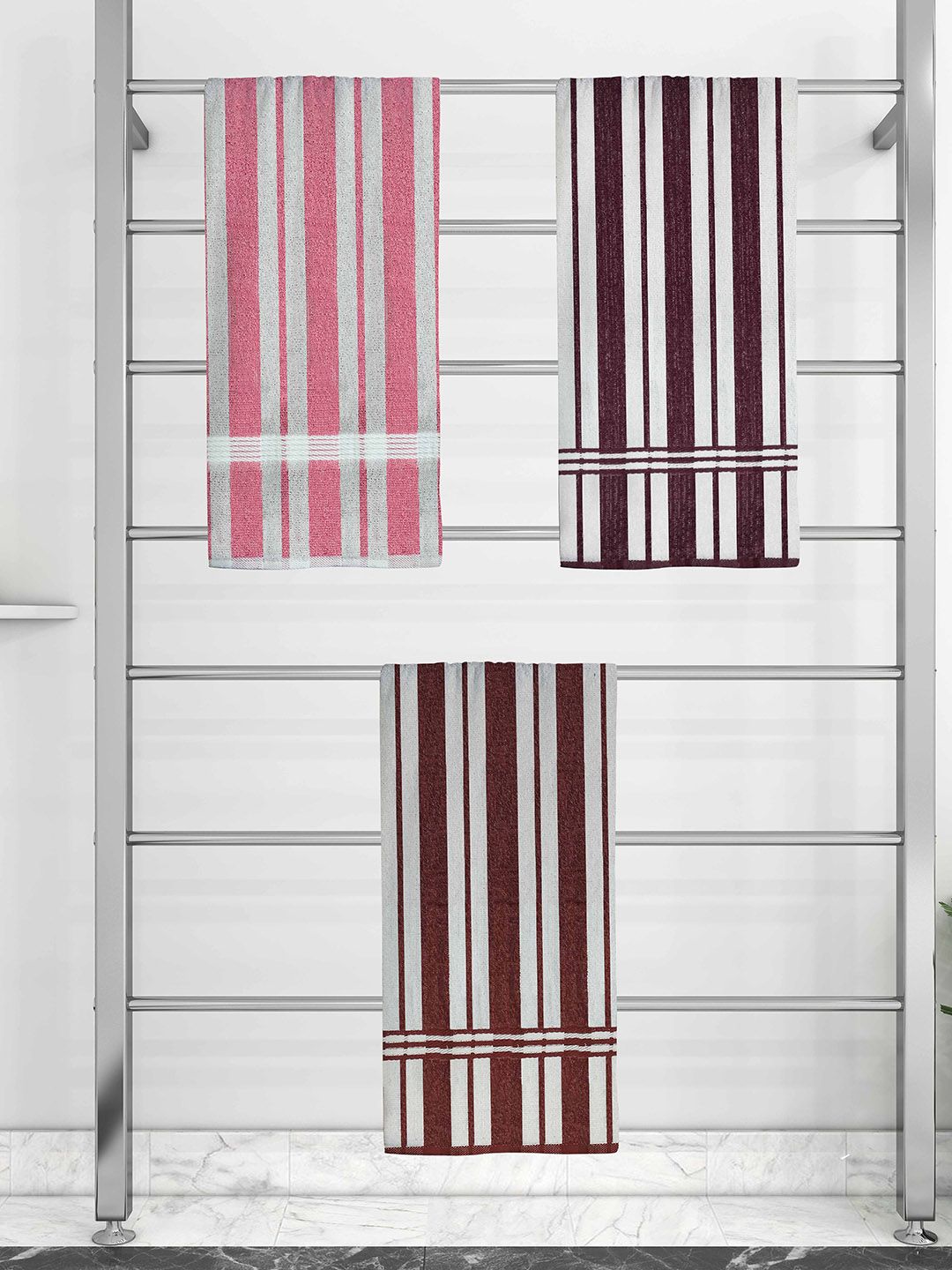 Athom Trendz Set Of 3 Striped 210 GSM Cotton Bath Towels Price in India