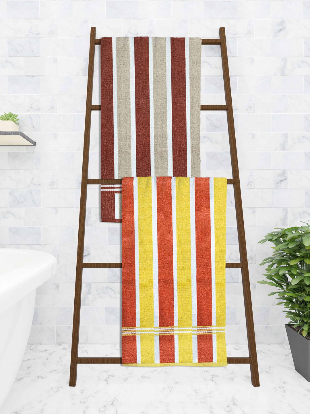 Athom Trendz Set Of 2 Striped Pure Cotton 210 GSM Bath Towel Price in India