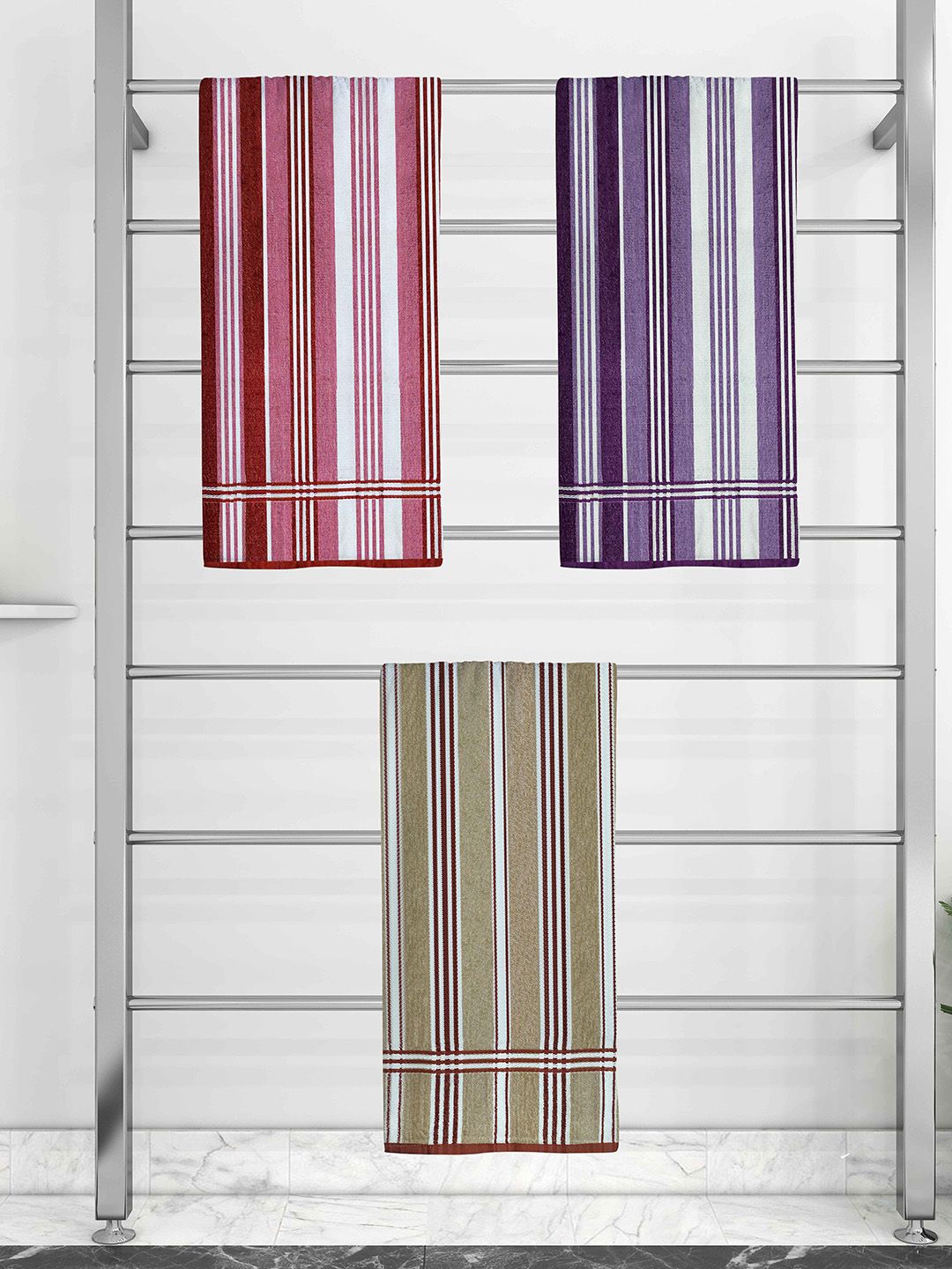 Athom Trendz Set Of 3 Striped 210 GSM Pure Cotton Bath Towels Price in India