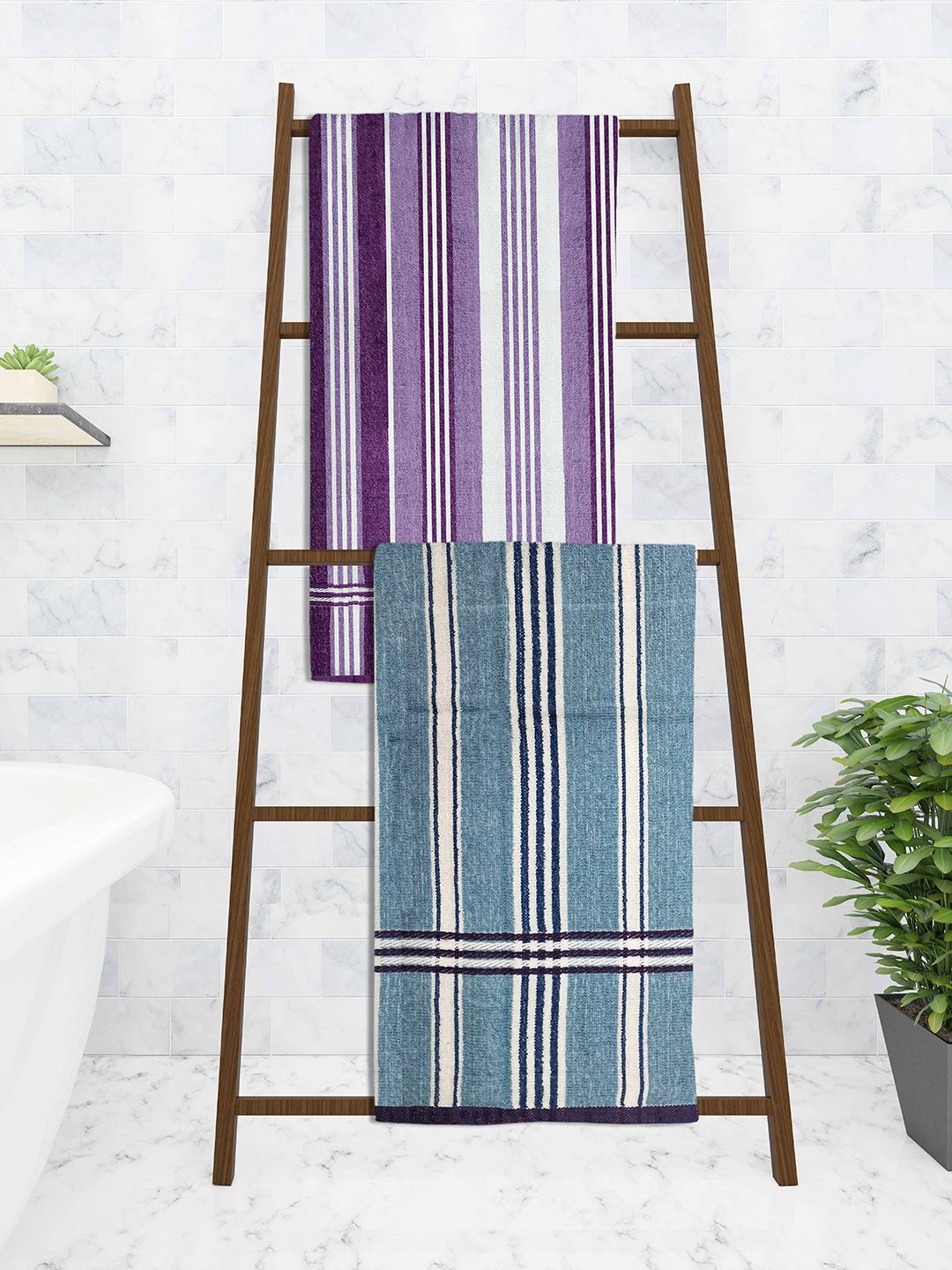 Athom Trendz Set Of 2 Striped Pure Cotton 210 GSM Bath Towel Price in India