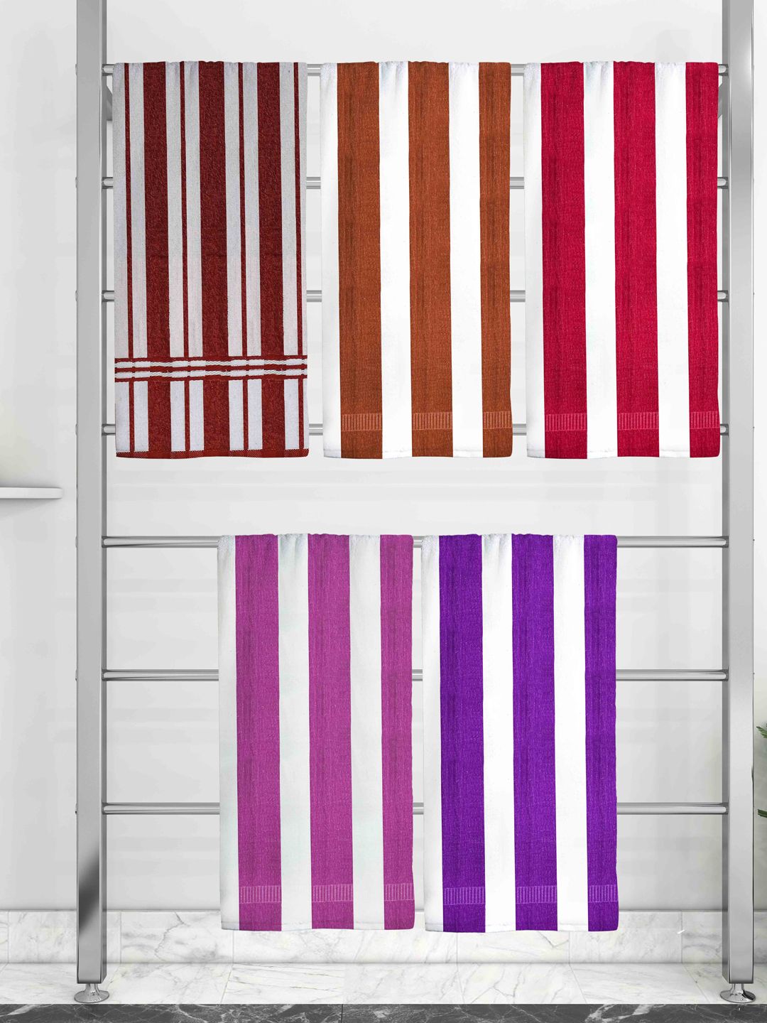 Athom Trendz Set Of 5 Striped 210 GSM Pure Cotton Bath Towels Price in India