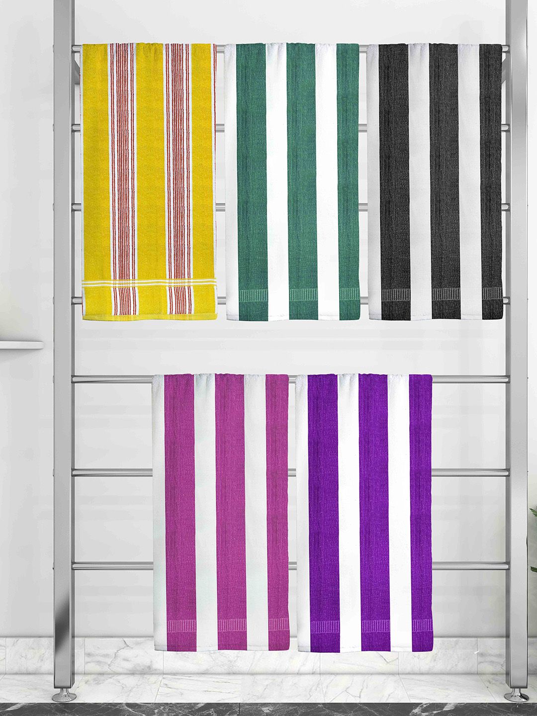 Athom Trendz Set Of 5 Striped 210 GSM Pure Cotton Bath Towels Price in India