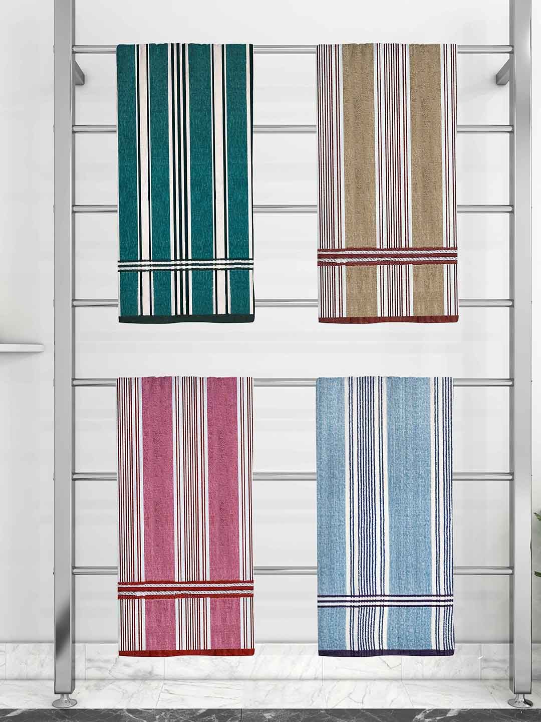 Athom Trendz Set Of 4 Striped 210 GSM Pure Cotton Bath Towels Price in India