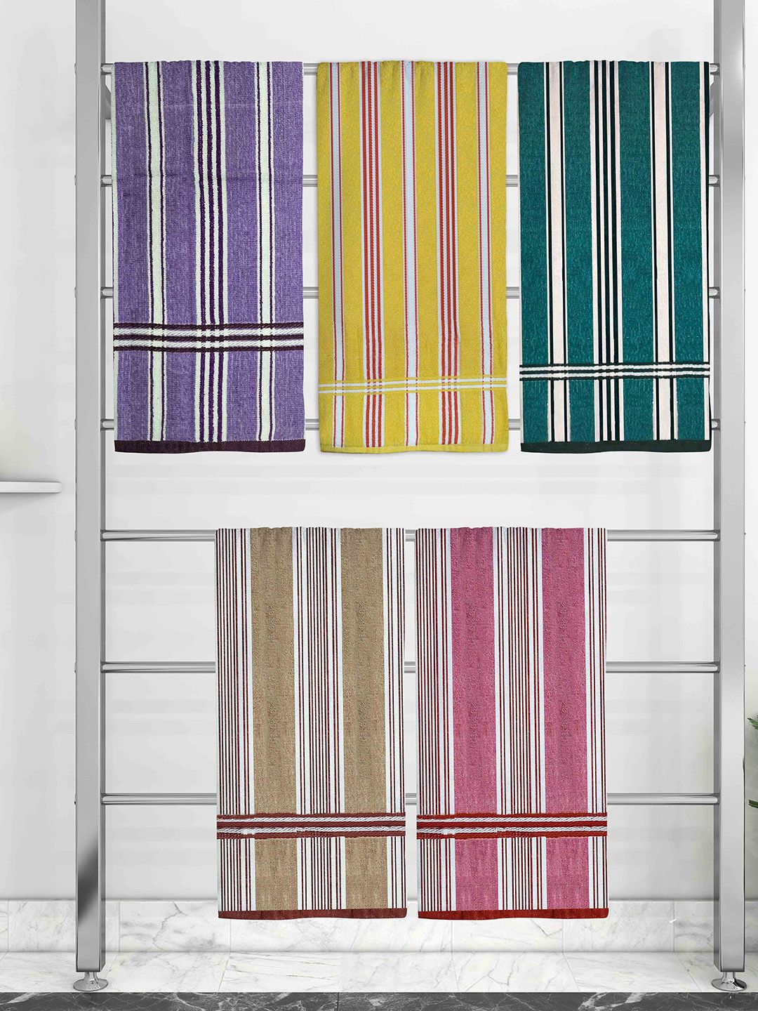 Athom Trendz Set Of 5 Striped 210 GSM Pure Cotton Bath Towels Price in India