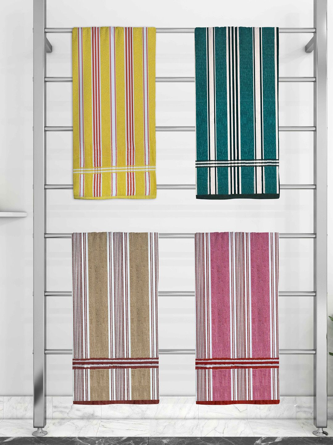 Athom Trendz Set Of 4 Striped 210 GSM Pure Cotton Bath Towels Price in India