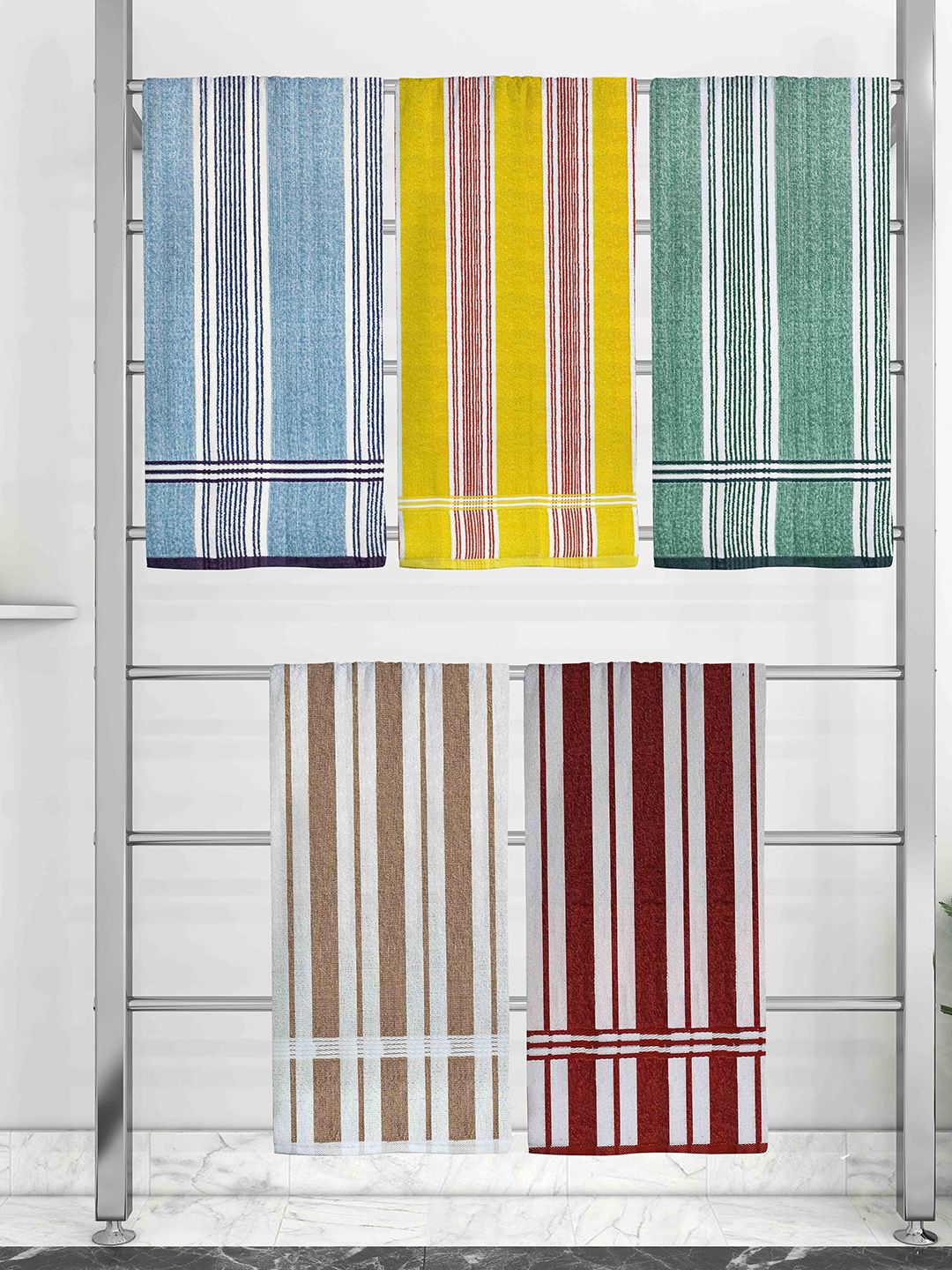 Athom Trendz Set Of 5 Striped 210 GSM Pure Cotton Bath Towels Price in India