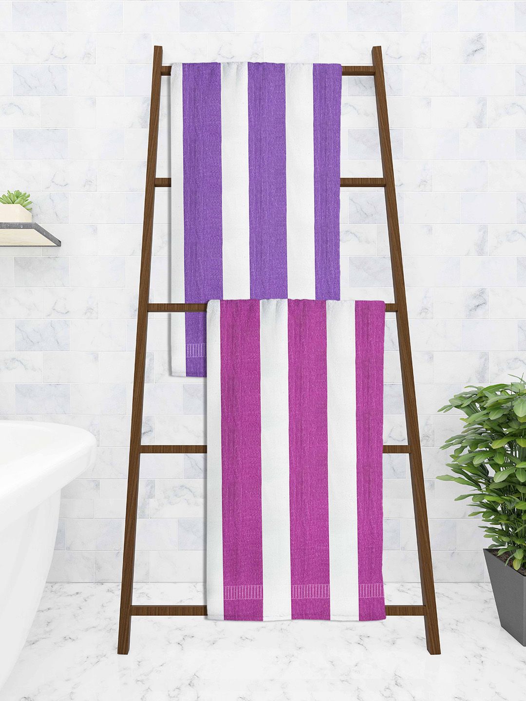 Athom Trendz Set Of 2 Striped 210 GSM Pure Cotton Bath Towels Price in India