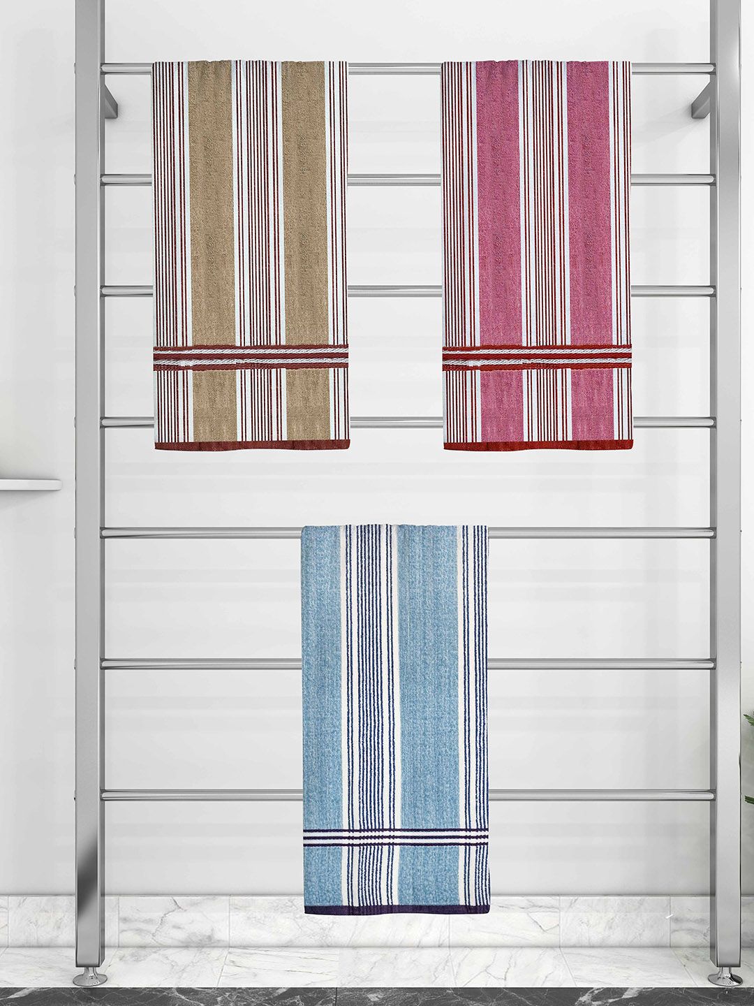 Athom Trendz Set Of 3 Striped 210 GSM Pure Cotton Bath Towels Price in India