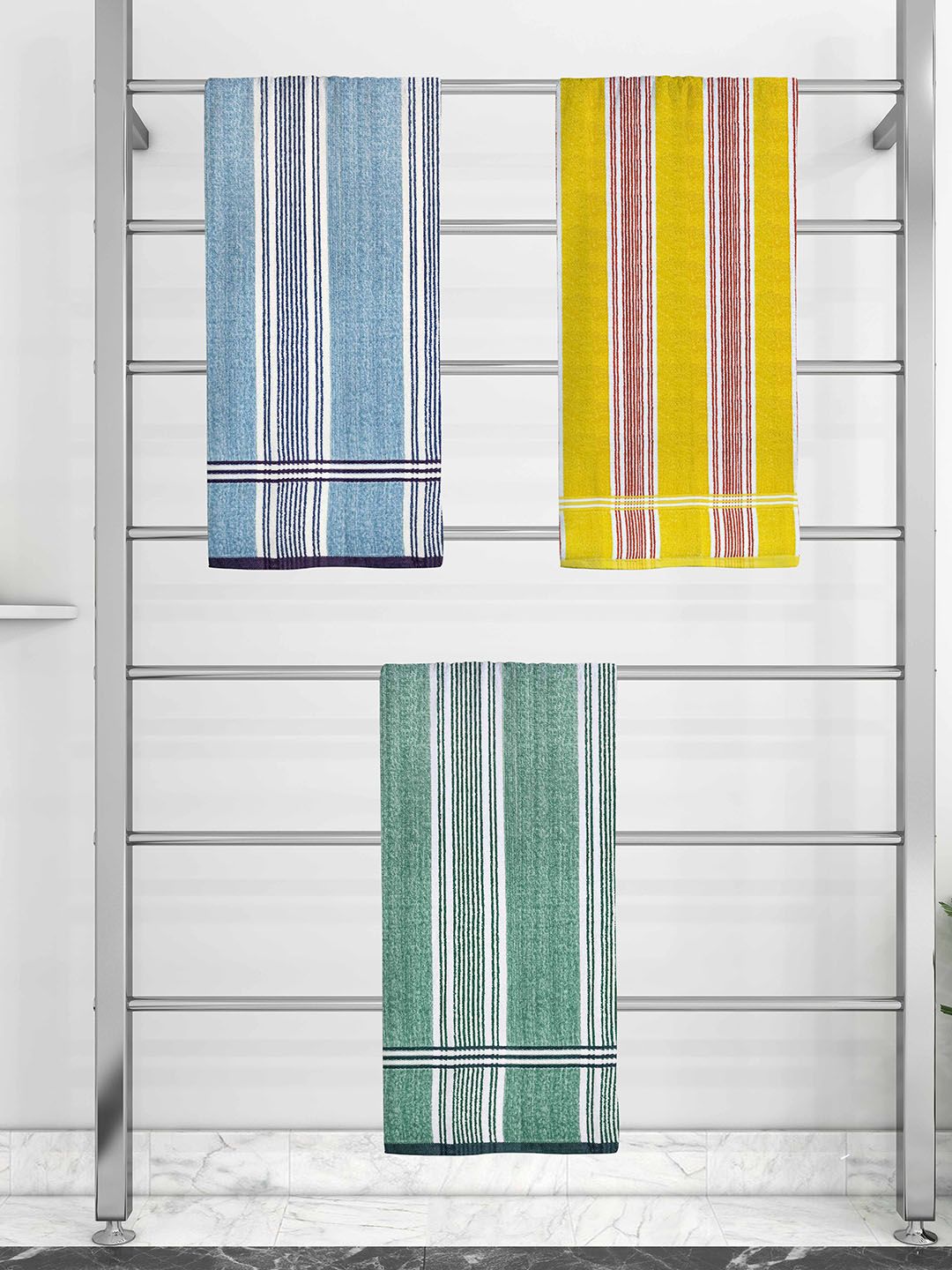 Athom Trendz Set Of 3 Striped 210 GSM Pure Cotton Bath Towels Price in India