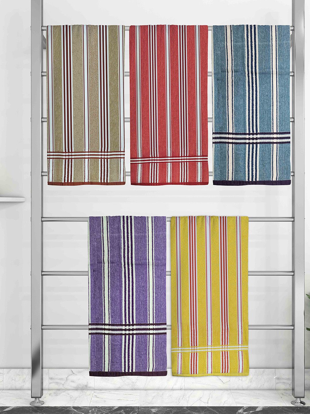 Athom Trendz Set Of 5 Striped 210 GSM Pure Cotton Bath Towels Price in India