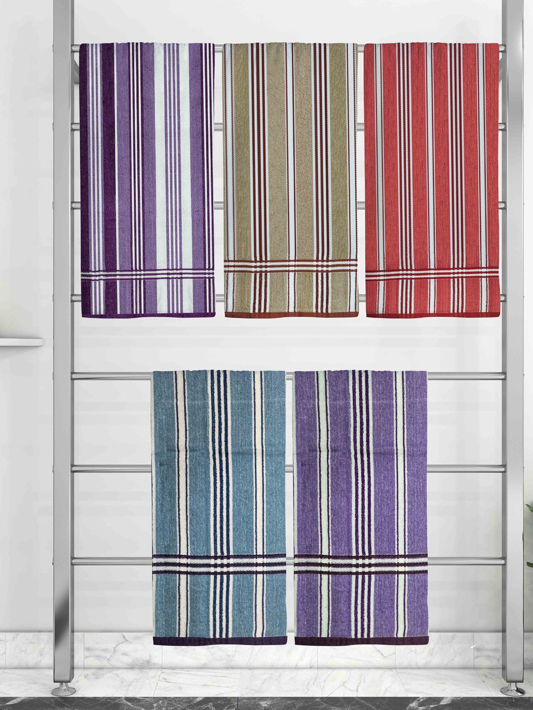 Athom Trendz Set Of 5 Striped 210 GSM Pure Cotton Bath Towels Price in India