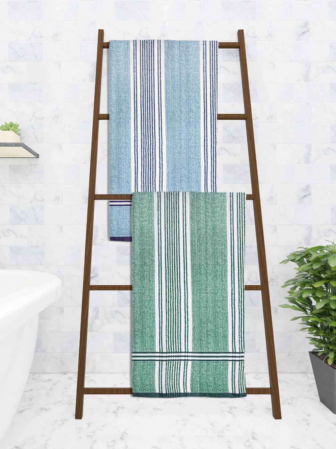 Athom Trendz Set Of 2 Striped 210 GSM Pure Cotton Bath Towels Price in India