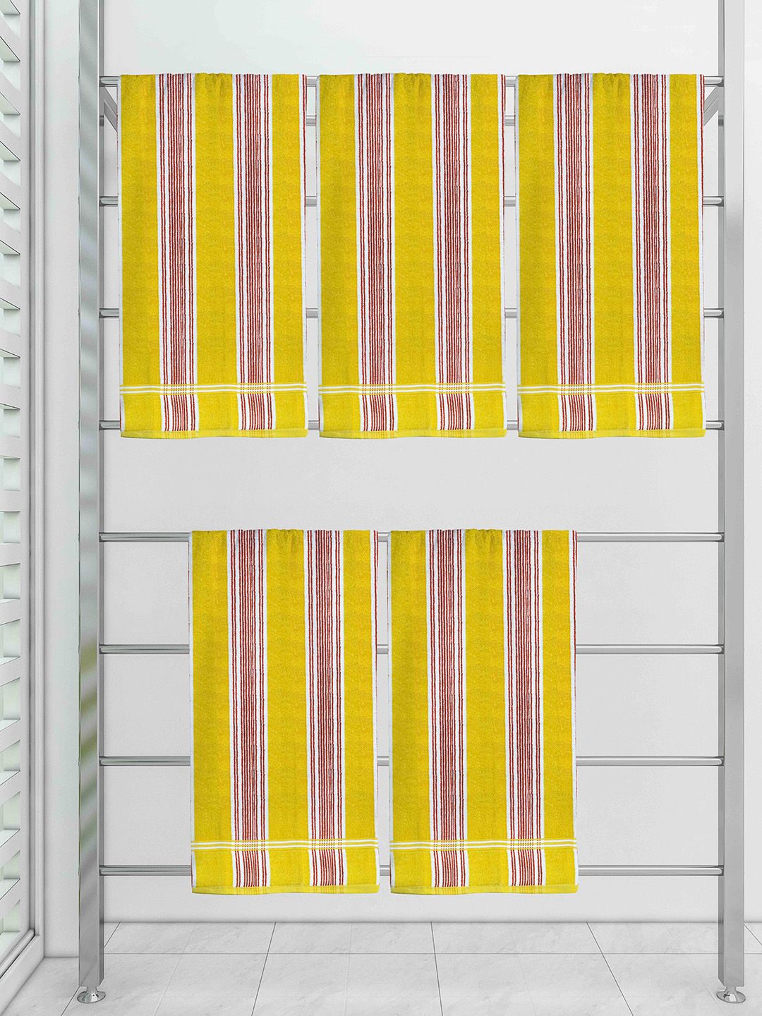 Athom Trendz Set Of 5 Yellow Striped 210 GSM Pure Cotton Bath Towels Price in India