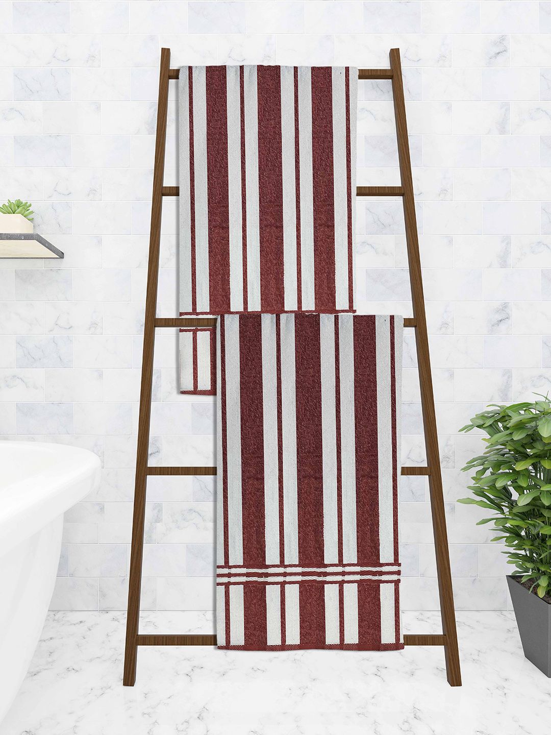 Athom Trendz Pack of 2 Maroon & White Stripped Printed 210 GSM Cotton Bath Towels Price in India