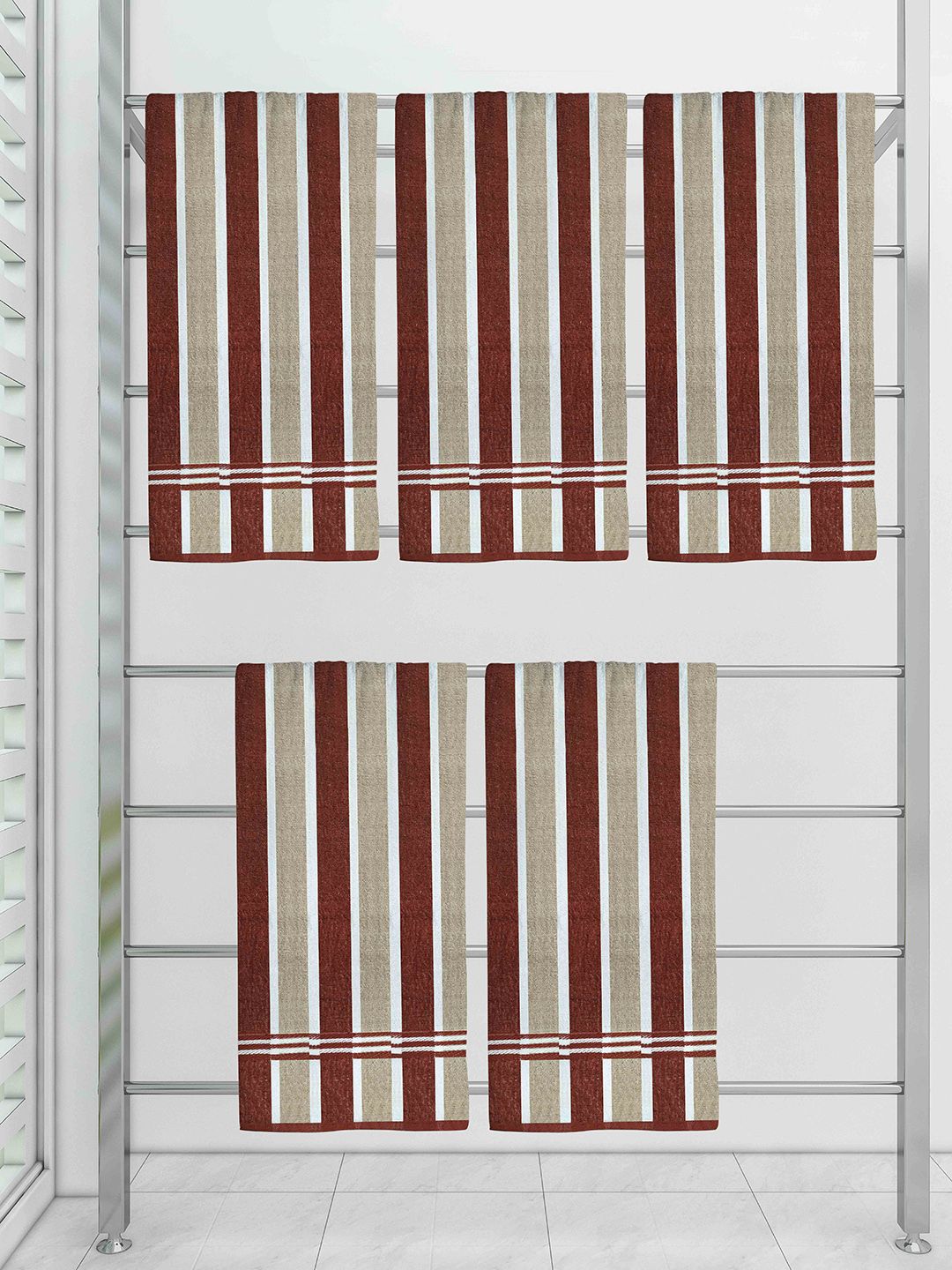 Athom Trendz Set Of 5 Striped 210 GSM Pure Cotton Bath Towels Price in India