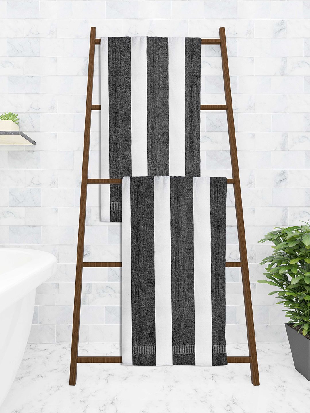 Athom Trendz Set Of 2 Striped 210 GSM Pure Cotton Bath Towels Price in India