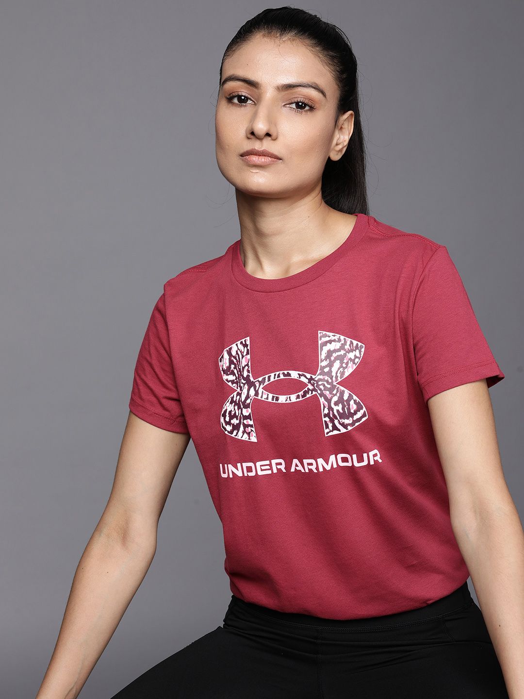 UNDER ARMOUR Women Maroon Brand Logo Printed Loose T-shirt Price in India