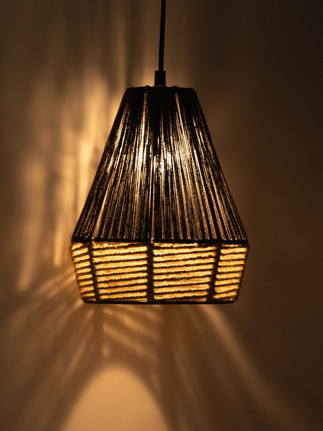 ExclusiveLane Dark-Brown  Beige Solid Handwoven Pyramidal Hanging Pendant Ceiling Lamps Price in India