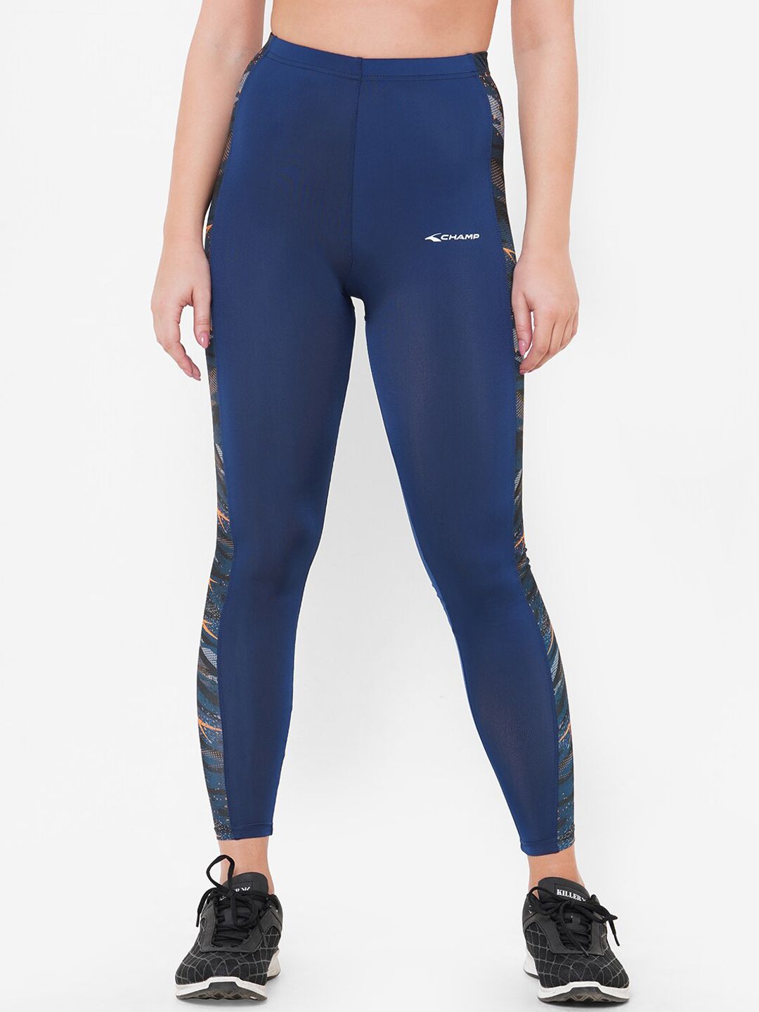 VELOZ Women Blue Skinny Fit Sports Tights With Printed Side Panel Price in India